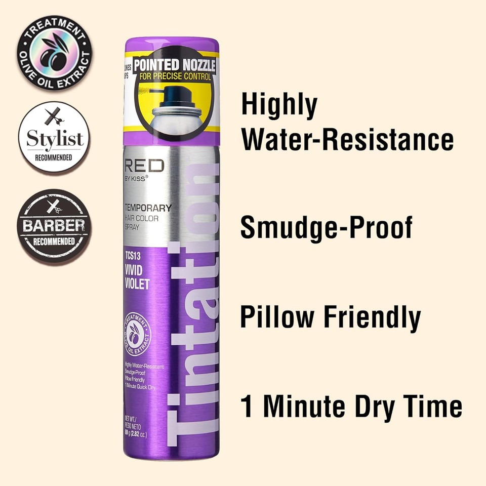 Kiss Temporary Hair Color Spray Hair Dye Spray Hair Styling Spray One Day Instant Fast-Drying Washable Halloween Party Diy Cosplay Hair Accessories (Vivid Violet)Vivid Violet