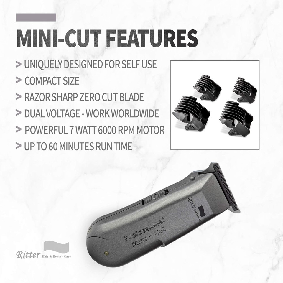 Ritter Hair & Beauty Care F-1C Mini Beard/Hair Trimmer, 0Mm Balding Clippers And Skull Shaver, Zero-Gapped T-Blade, Work Corded/Cordless, Rechargeable. (Gray)Gray
