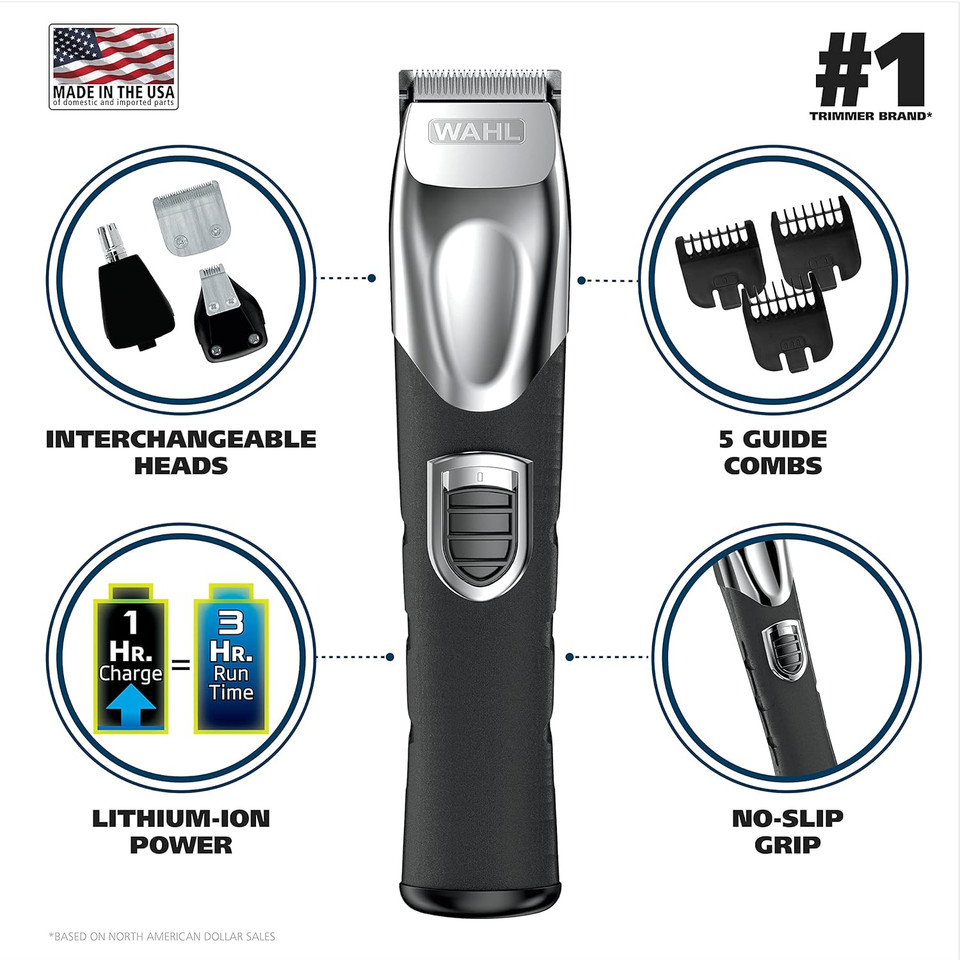 Wahl Usa Rechargeable Lithium Ion All In One Beard Trimmer For Men With Detail And Ear & Nose Hair Trimmer Attachment  Model 9854-600B