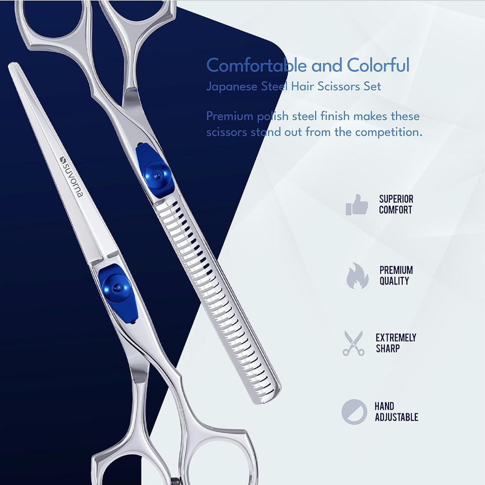Suvorna 6" Hair Cutting Scissors & Thinning Shears Set - Professional Razor Edge Hair Scissors - Japanese Stainless Steel Hair Thinning/Cutting Shears For Barber/Salons - Exclusive For Women/Men/Homestainless Steel Silver With Blue Rest & Screw