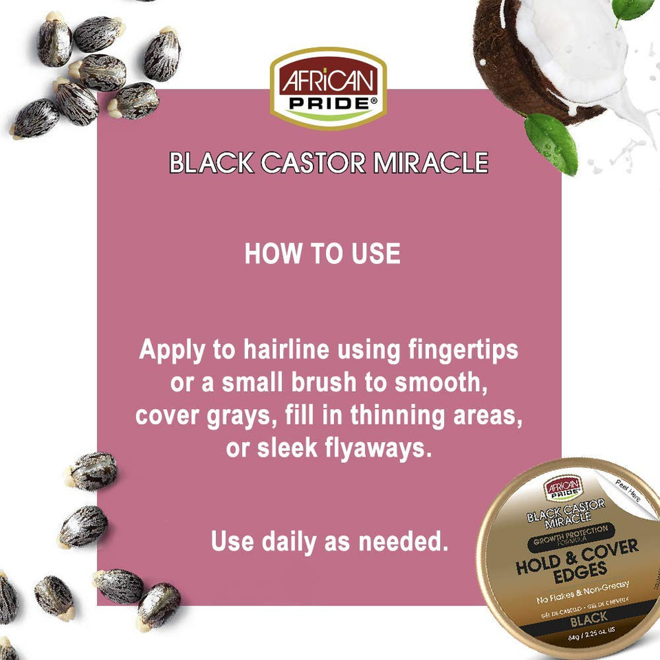African Pride Black Castor Miracle Hold & Cover Edges - Slicks And Controls Edges, Covers Grays, Fills Thinning Areas, Contains Black Castor Oil & Coconut Oil, 2.25 Oz2.25 Ounce (Pack Of 1)