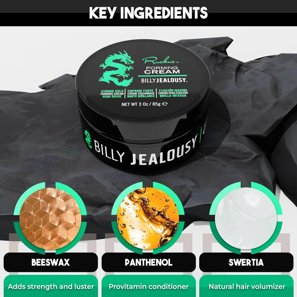 Billy Jealousy Ruckus Hair Forming Cream For Men With Strong Hold And High Shine, Reworkable, Natural Looking, Water Soluble Styling Product