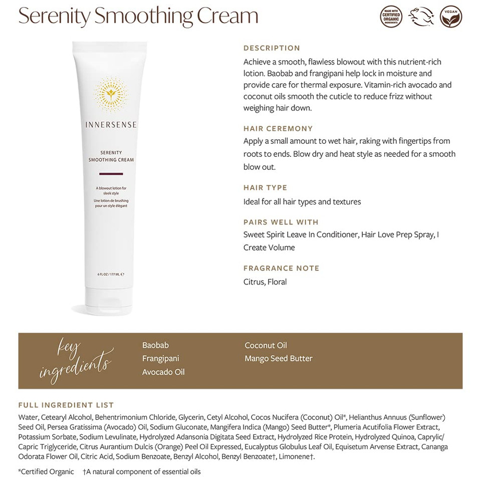 Innersense Organic Beauty - Natural Serenity Smoothing Hair Cream | Non-Toxic, Cruelty-Free Haircare (6 Oz | 177 Ml)6 Fl Oz (Pack Of 1)