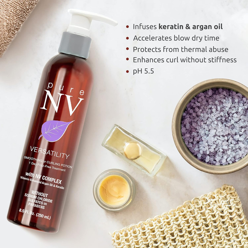 Pure Nv Versatility 1 Day Frizz Free Treatment Smoothing & Curling Lotion, Made From Natural Vitamins & Minerals, Keratin, Collagen & Argan Oil Infused To Repair, Restore & Strengthen 8.5 Oz