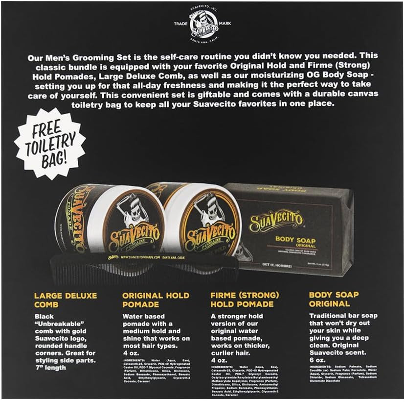 Suavecito Men'S Hair Grooming Set Og & Firme (Strong) Hold Pomade, Body Soap, Large Deluxe Comb & Sand Canvas Bag