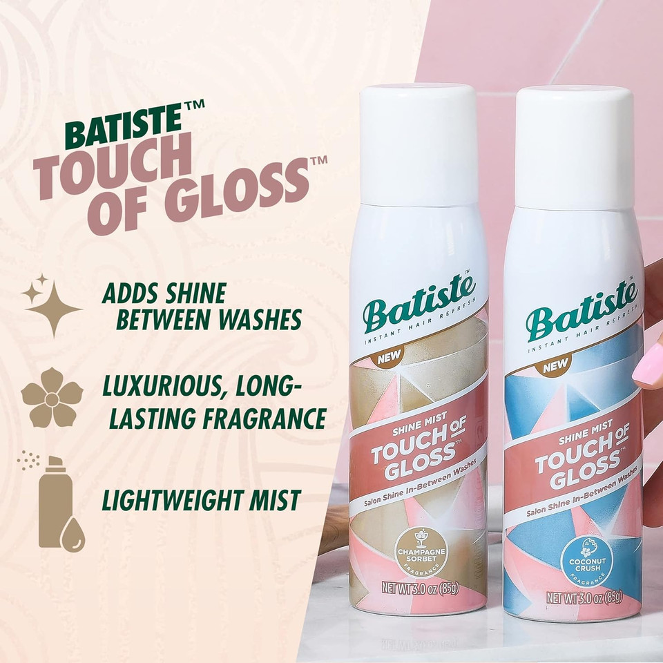 Batiste Touch Of Gloss, Shine Mist, Coconut Crush, High-Gloss, Lightweight Formula Designed To Keep Hair Polished With Next Level Salon Shine In-Between Washes, 3 Oz Can