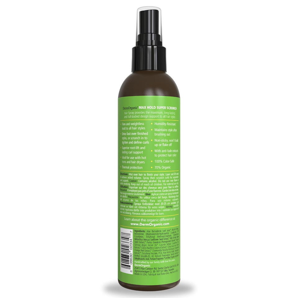 Dermorganic Max Hold Super Crunch Hair Spray With Pomegranate Anti Fade And Curl Control Ingredients-8 Fl Oz