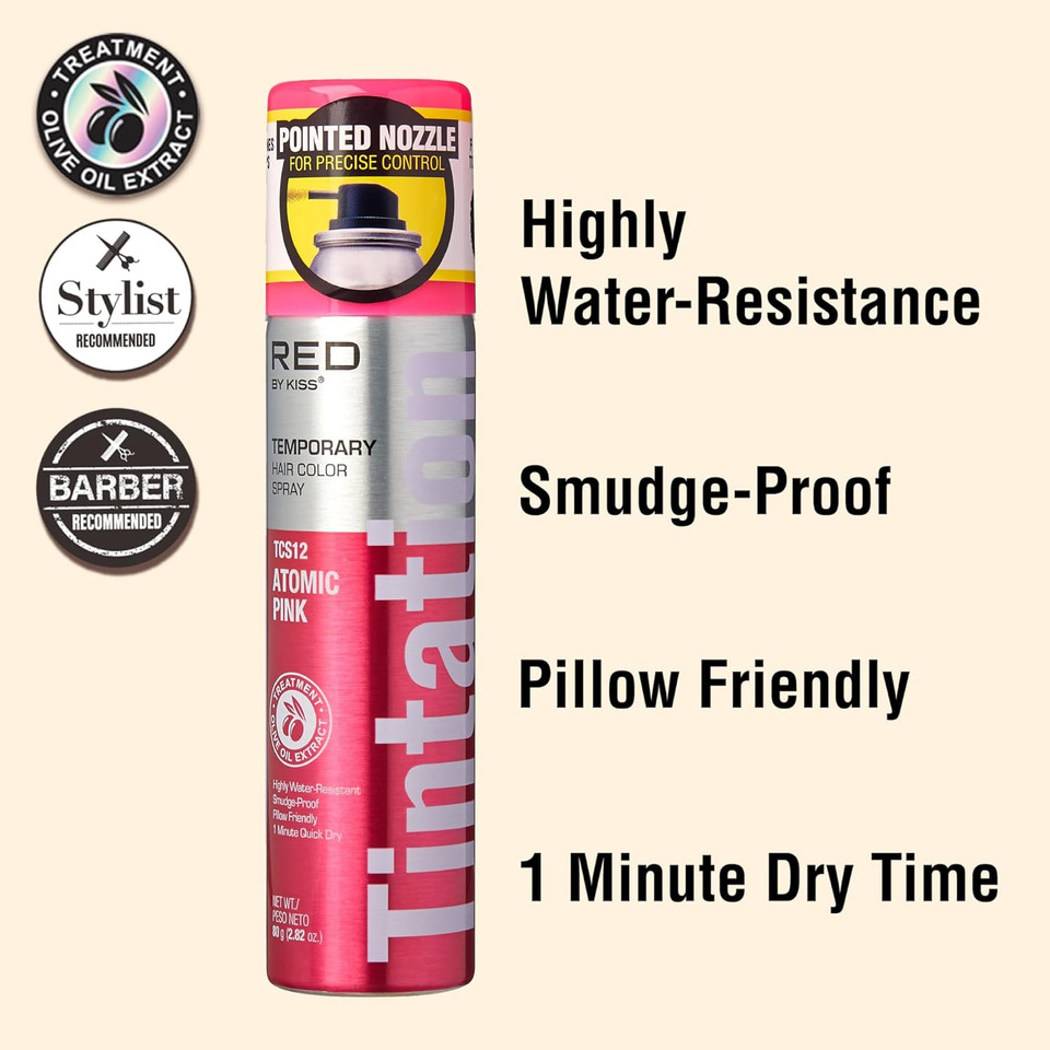 Kiss Temporary Hair Color Spray Hair Dye Spray Hair Styling Spray One Day Instant Fast-Drying Washable Halloween Party Diy Cosplay Hair Accessories (Atomic Pink)Atomic Pink