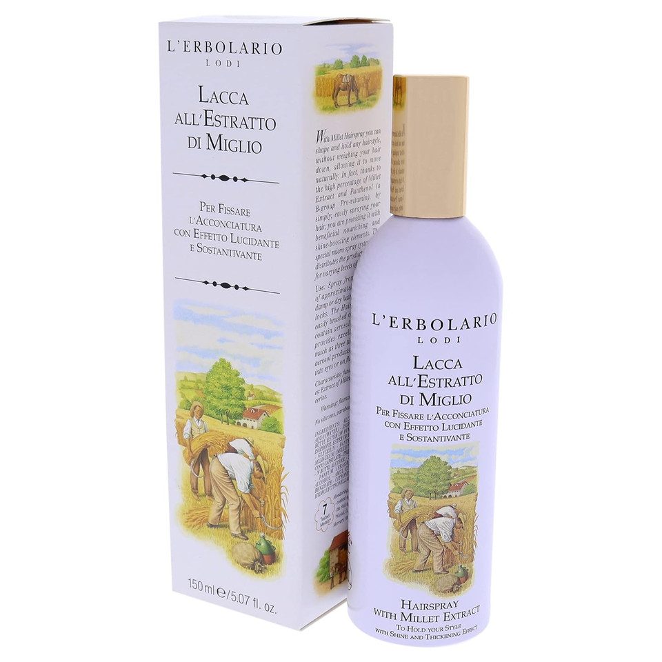 L'Erbolario Millet Extract Hairspray - Shape And Hold Any Hairstyle - Beneficial Nourishing And Shine-Boosting - Thickening Effect - Does Not Weigh Hair Down - Allowing Natural Movement - 5.07 Oz