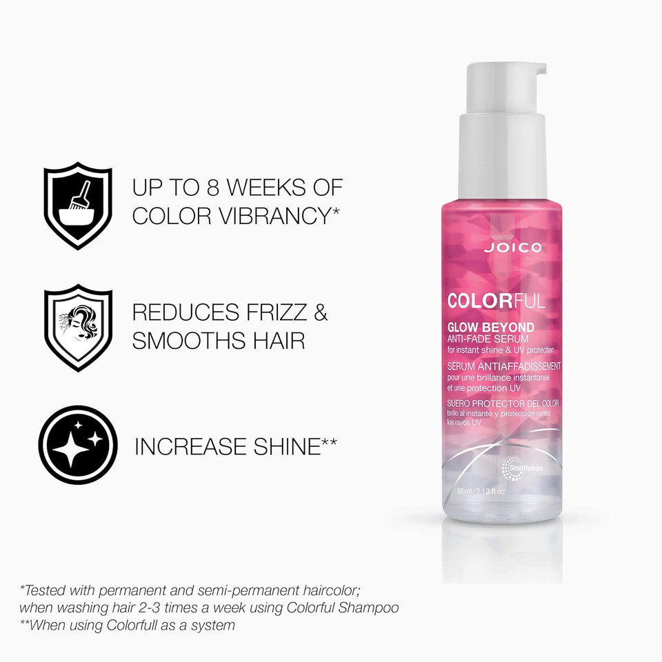 Joico Colorful Glow Beyond Anti-Fade Serum | For Color-Treated Hair | Preserve Hair Color | Prevent Fading | Boost Vibrancy & Softness | With Camellia Oil & Pomegranate Fruit Extract | 2.13 Fl Oz