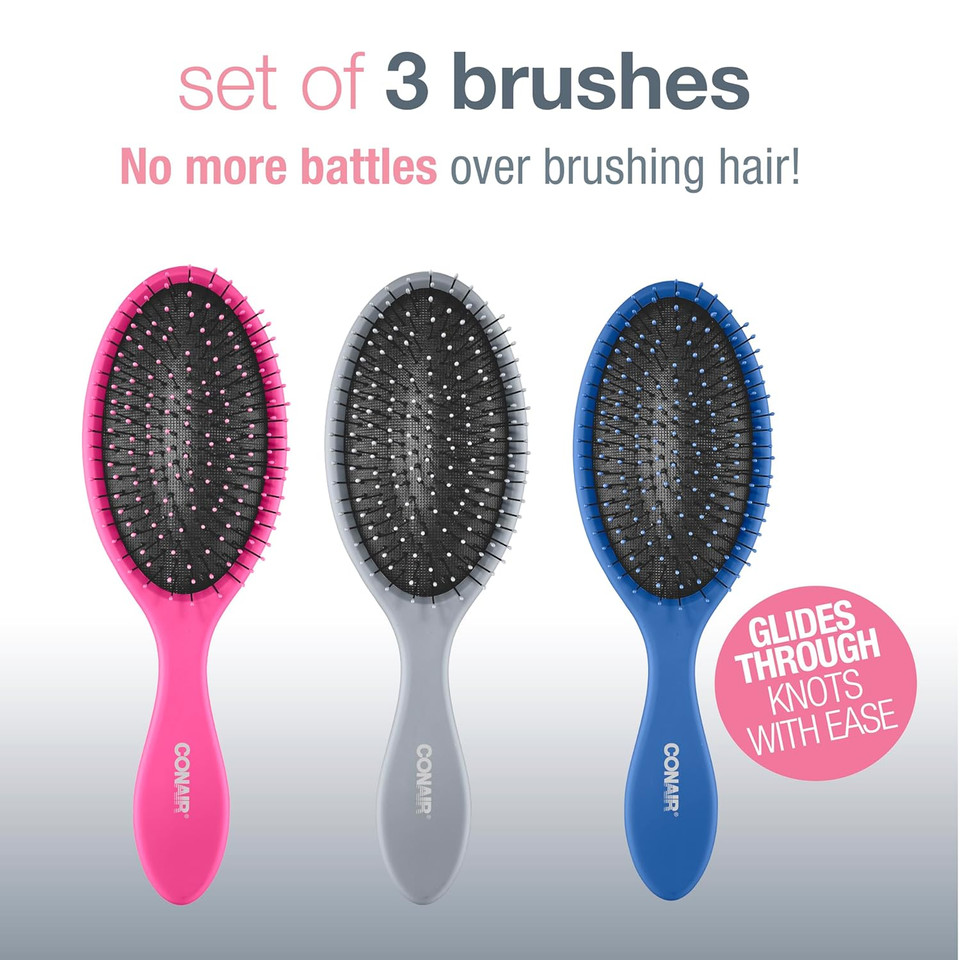 Conair Gently Detangle Hair Brush, Dry And Wet Hairbrush With Flexible Bristles, Color May Vary, 3 Count