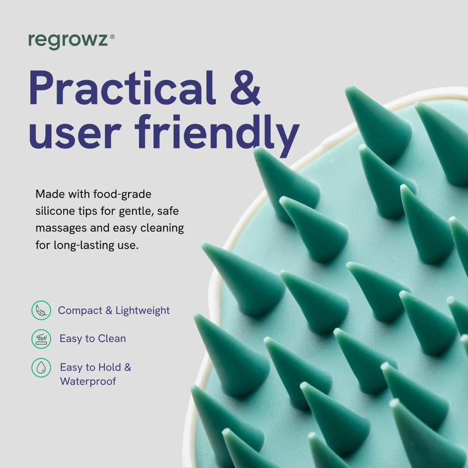 Regrowz Hair Scalp Massager Scrubber With Soft Silicone Bristles For Wet & Dry Hair - Exfoliating Scalp Comb For Dandruff Removal - Boost Hair Growth, White & Green
