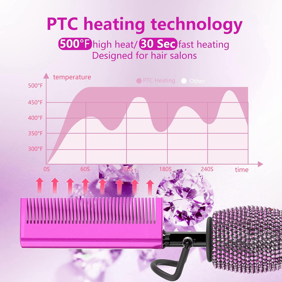 500 Hot Comb Electric For Wigs,Bling Bling Hot Comb Hair Straightener,Diamond Heating Comb,60 Min Auto-Off & 7 Temperatures Adjustable Purple Hot Comb,Professional Pressing Combs For Black Hairpurple