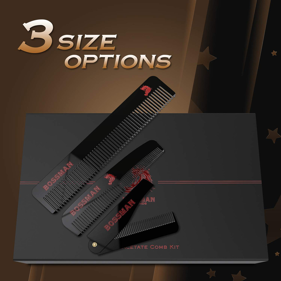 Bossman Acetate Beard, Hair & Mustache Combs For Men - Men'S Beard, Mustach And Hair Combs With Small Folding Pocket Comb (Set Of 3)