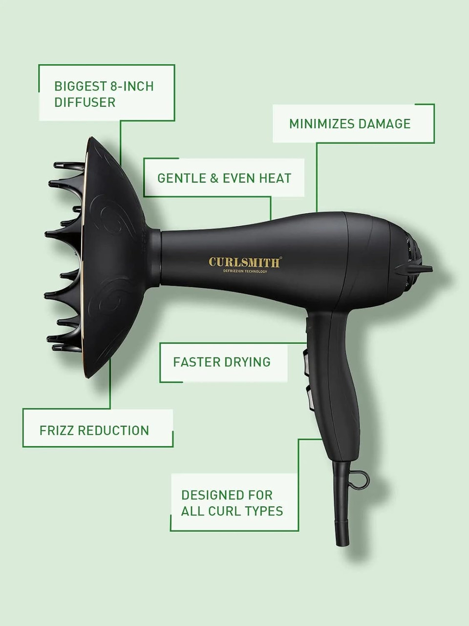 Curlsmith - Defrizzion Hair Dryer With Extra Large Diffuser, For Curly Hair, Reduce Frizz, 3 Speeds, 4 Heat Settings, Infared, Ceramic Heat For Fast Drying
