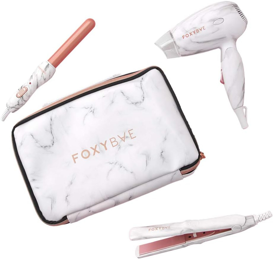 Foxybae Travel Hair Tools  Includes 1 Mini Flat Iron, 0.75 Travel Curling Iron Mini, Mini Blow Dryer Travel Size & Travel Bag  White Marble Mini Hair Styling Toolswhite