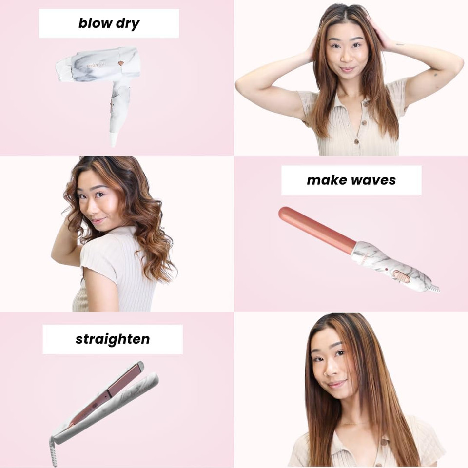 Foxybae Travel Hair Tools  Includes 1 Mini Flat Iron, 0.75 Travel Curling Iron Mini, Mini Blow Dryer Travel Size & Travel Bag  White Marble Mini Hair Styling Toolswhite