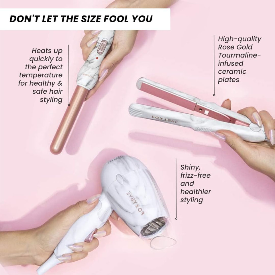 Foxybae Travel Hair Tools  Includes 1 Mini Flat Iron, 0.75 Travel Curling Iron Mini, Mini Blow Dryer Travel Size & Travel Bag  White Marble Mini Hair Styling Toolswhite