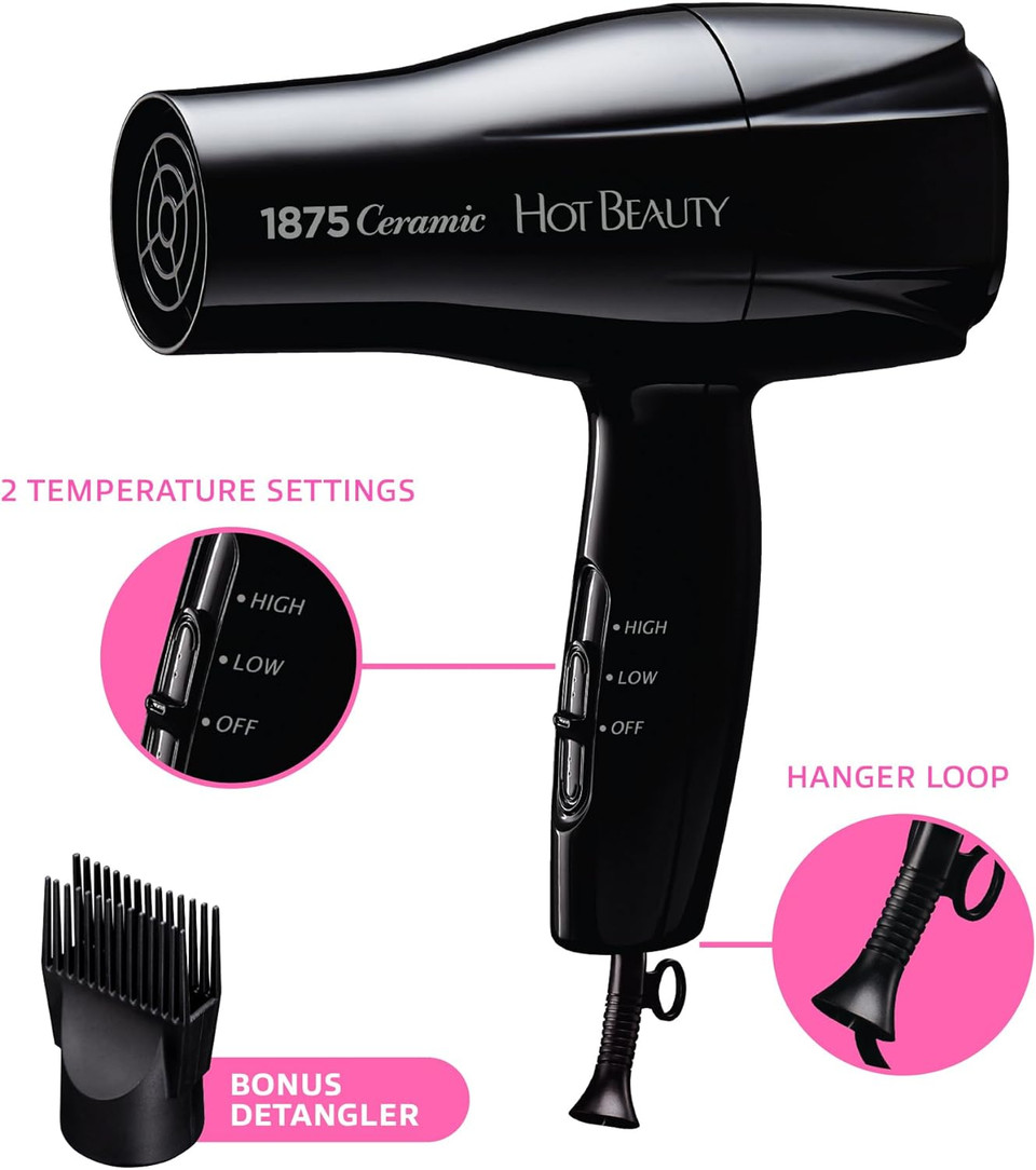 Hot Beauty 1875 Ceramic Hair Dryer, Powerful Fast Drying, Multi-Setting With Comb Attachment, Additional Detangler Included, Slide Bar Switch, Compact For Home & Travel (Black)Black