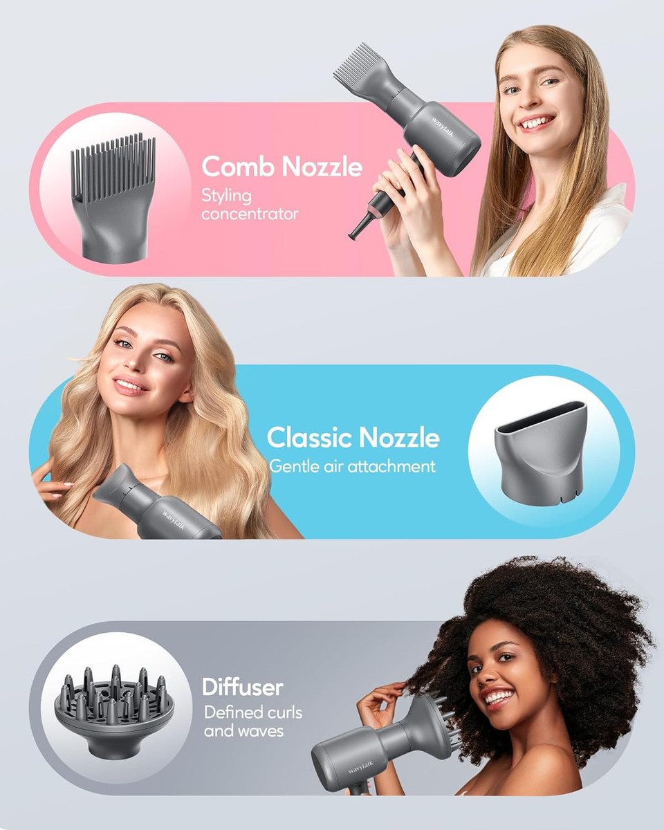Wavytalk Ionic Hair Blow Dryer With Diffuser For Curly Hair Professional Salon Attachment Diffuser And Concentrator Nozzle For Women Styling Naturalelegant Metallic Grey (Comb+Diffuser+Nozzle)