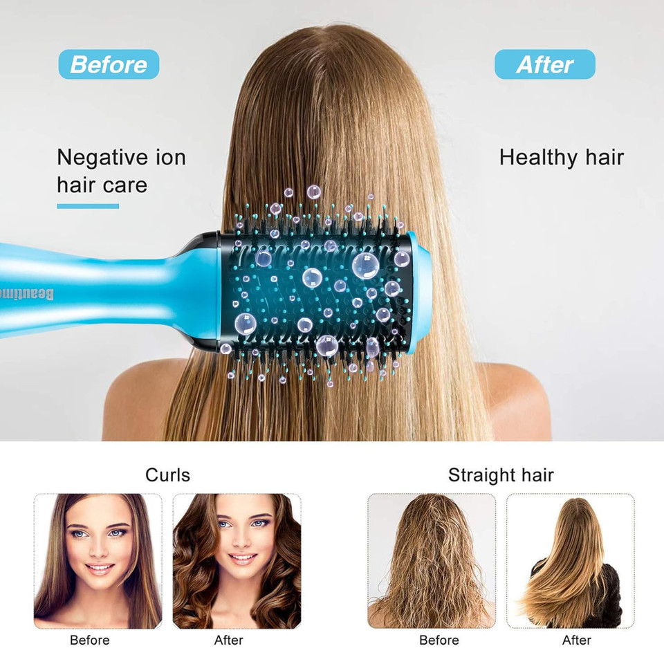 Beautimeter Hot Air Brush, 3 In 1 Hair Dryer Brush For Styling And Frizz Control, Negative Ionic Blow Hair Dryer And Volumizer, Turquoise Blueturquoise Blue