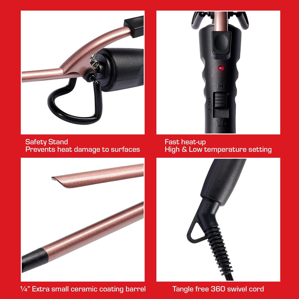 Red 1/4 Inch Thin Curling Iron, Pencil Curling Iron, Extra Small Ceramic Coating Barrel, Skinny Curling Iron Wand For Long & Short Hair