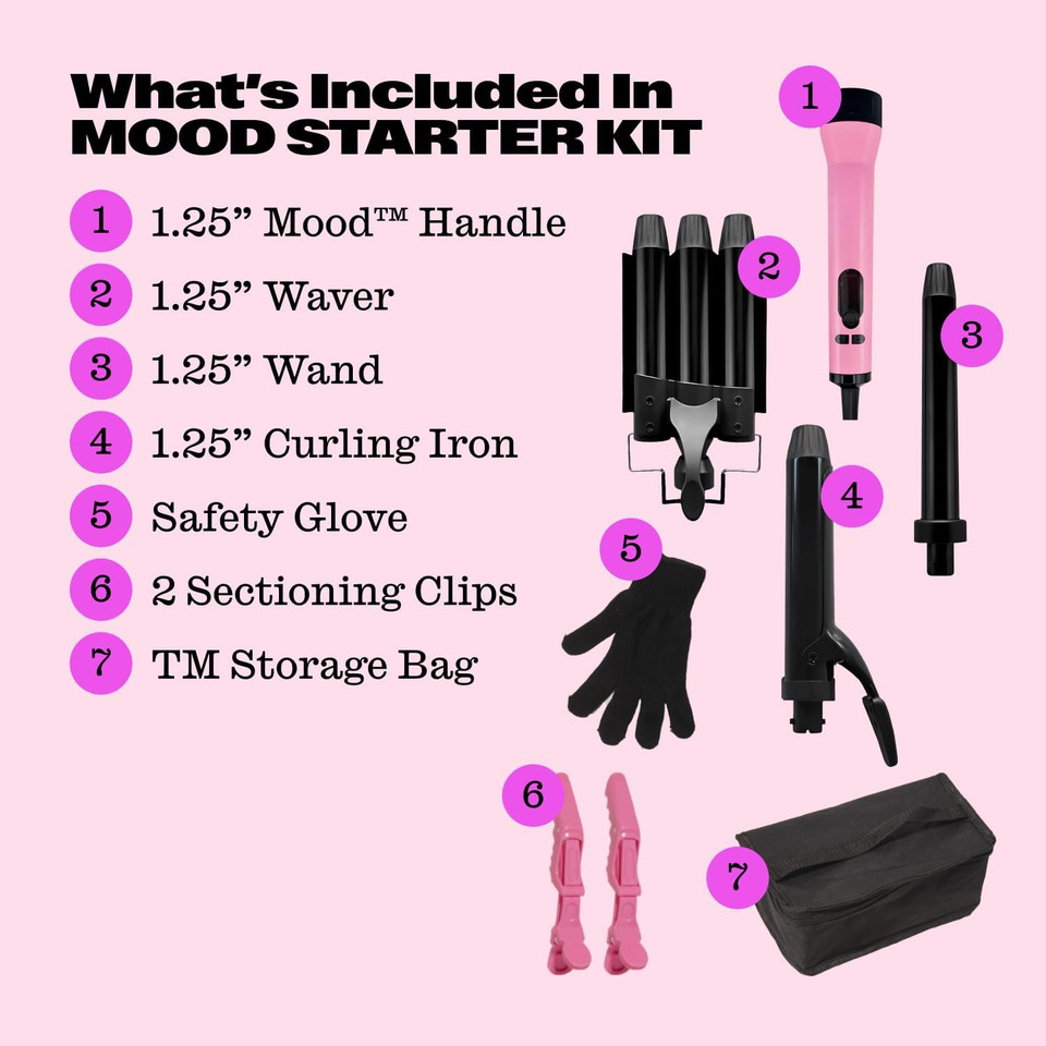 Trademark Beauty Mood Interchangeable Iron Styling Kit, 3 In 1 Curling Iron, Hair Waver, And Curling Wand, Adjustable Temperature Hair Styling Tool, 1.25 Inch Barrel, 32Mm1.25 Inch