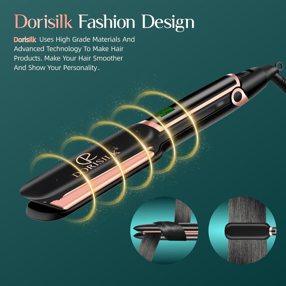 DORISILK Infrared Flat Iron Hair Straightener and Curler 2 in 1 Ceramic Tourmaline Dual Voltage Hair Iron Straightening 2 Inch Wide with Digital Temperature Control 260-450 ? Salon Instant Heat Up