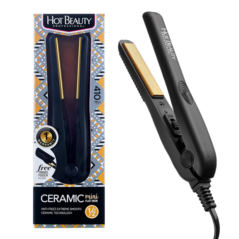 Hot Beauty Professional Ceramic Mini Flat Iron 1/2", Anti-Frizz, Fast Heating, Versatile Styling For Curly & Straight Hair, Ideal For Traveling With Travel Pouch (Black)Black