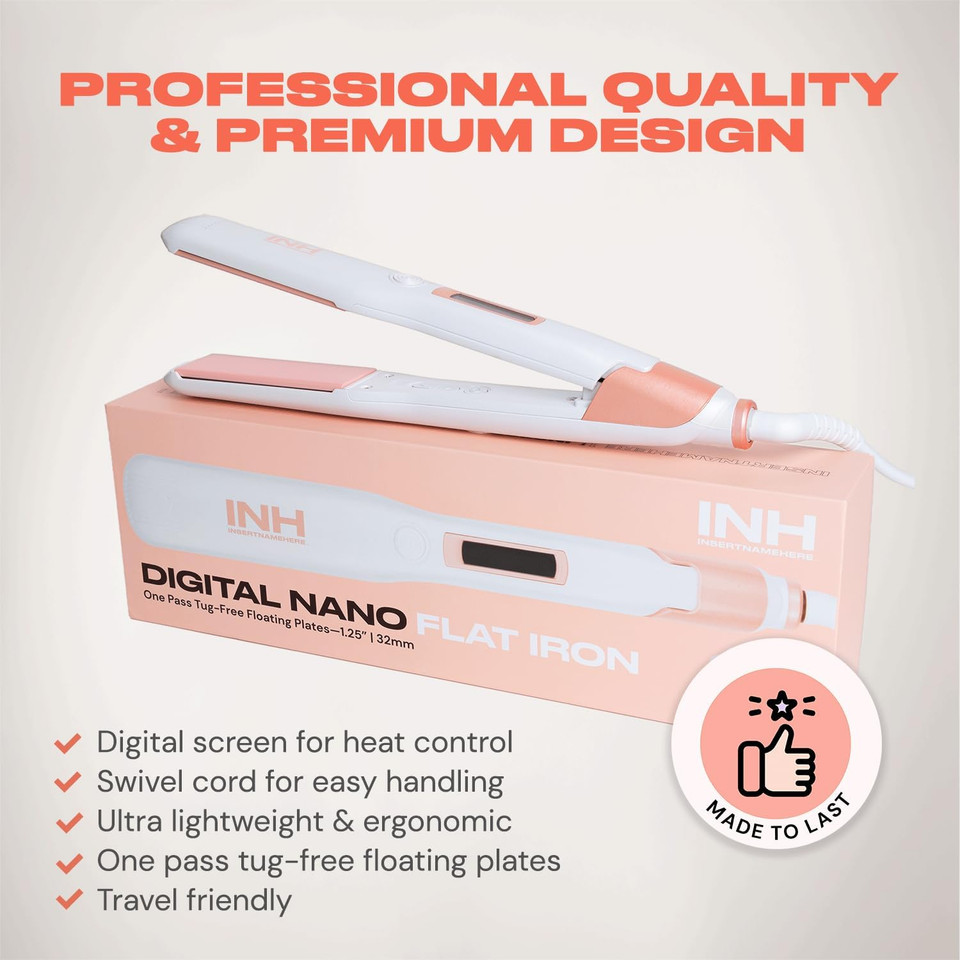 Inh Digital Nano Flat Iron | One Pass Hair Straightener With 1.25 Tug-Free Floating Plates, Heats Up To 450 Degrees | 360 Tangle-Free Cord, Travel-Friendly Worldwide Voltage, Smart Automatic Shut Off