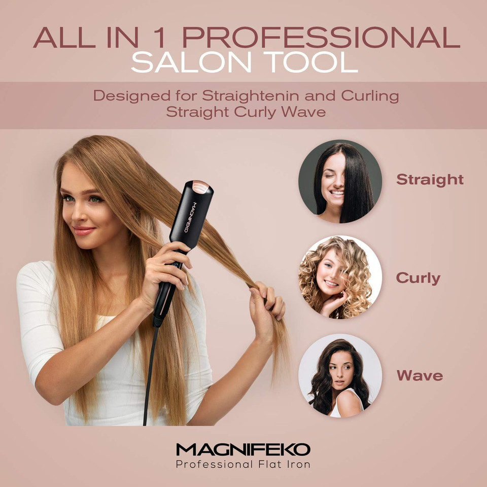 Magnifeko Professional Flat Iron Hair Straightener Wide Plate & Digital Display - Dual Voltage Titanium Hair Straighteners (Black Rosegold)Black Rosegold