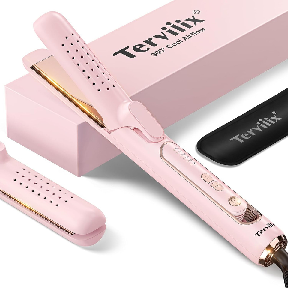 Terviiix Airflow Styler Hair Straightener, Titanium Flat Iron For Travel, Straightening Iron With Cooling Air Vents To Lock In Style, 5 Adjustable Temp, Dual Voltage, Auto Shut Off, Pinkpink