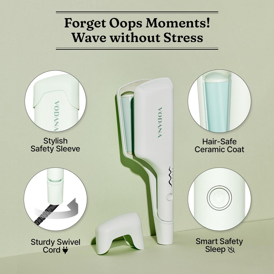 Vodana Professional Triple Flow Ceramic Hair Waver - Easy Beach Waves With Embedded Double Barrel Wave Iron. Experience Instant Heat, Long-Lasting Performance (1.6 Inch, Soft Mint)Soft Mint1.6 Inch