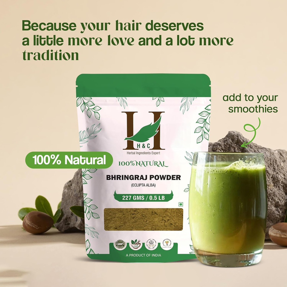 H&C- 100% Natural Bhringraj Powder For Hair (227G / 0.5 Lb/ 08 Oz) - Hair Growth Rejuvenator From Indian Ayurveda