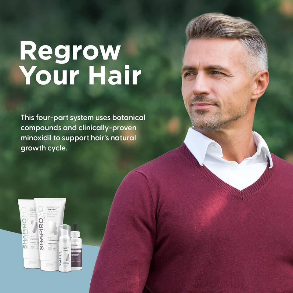 Mens Regrowth Kit Plus: Shampoo, Conditioner, 5% Minoxidil, Leave-In Foam. Complete Anti Hair Loss and Thinning Hair Solution for Men, 1 Month Supply