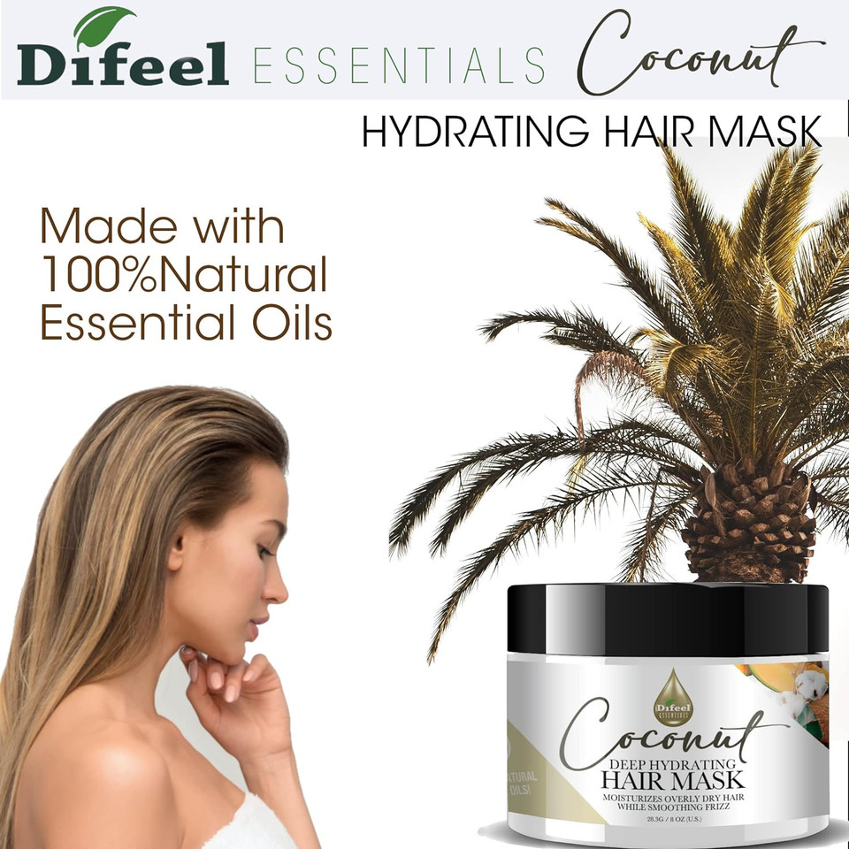 Difeel Essentials Hydrating Coconut Hair Mask 8 Oz. - Deeply Moisturizes Dry Hair, Reduces Frizz, Made With 100% Natural Essential Oils
