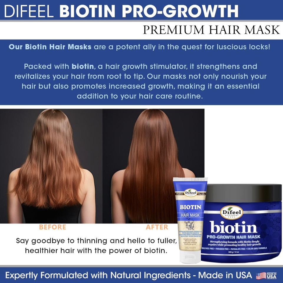 Difeel Pro-Growth Biotin Hair Mask 12 Oz. With Biotin Hair Oil 7.1 Oz. (2-Piece Set)