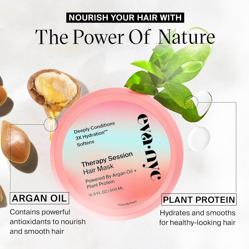 Eva Nyc Therapy Session Hair Mask, Deep Conditioning Hair Mask For Dry Damaged Hair, Moisturizing Hair Treatment With Argan Oil & Plant Protein, 16.9 Fl Oz