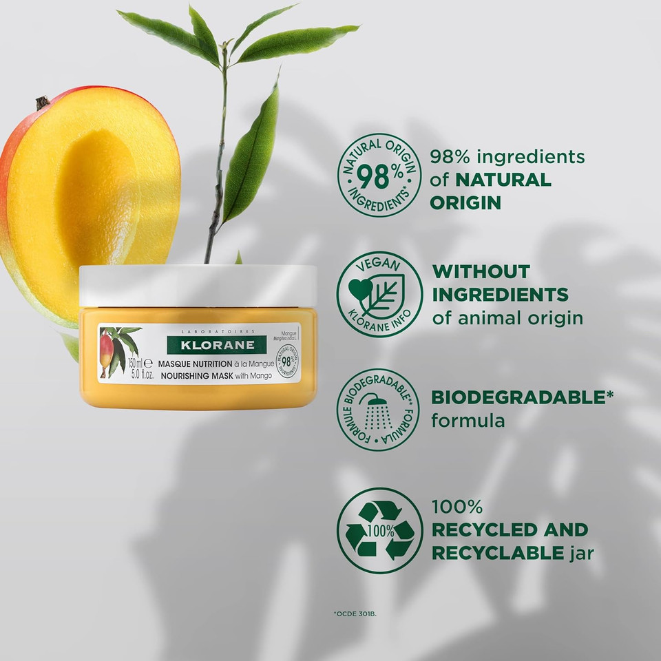 Klorane Nourishing 2-In-1 Mask With Mango, Deep Conditioning And Overnight Treatment For Dry Hair, Paraben, Silicone And Sulfate Free, Biodegradable, Vegan, 5 Fl.Oz