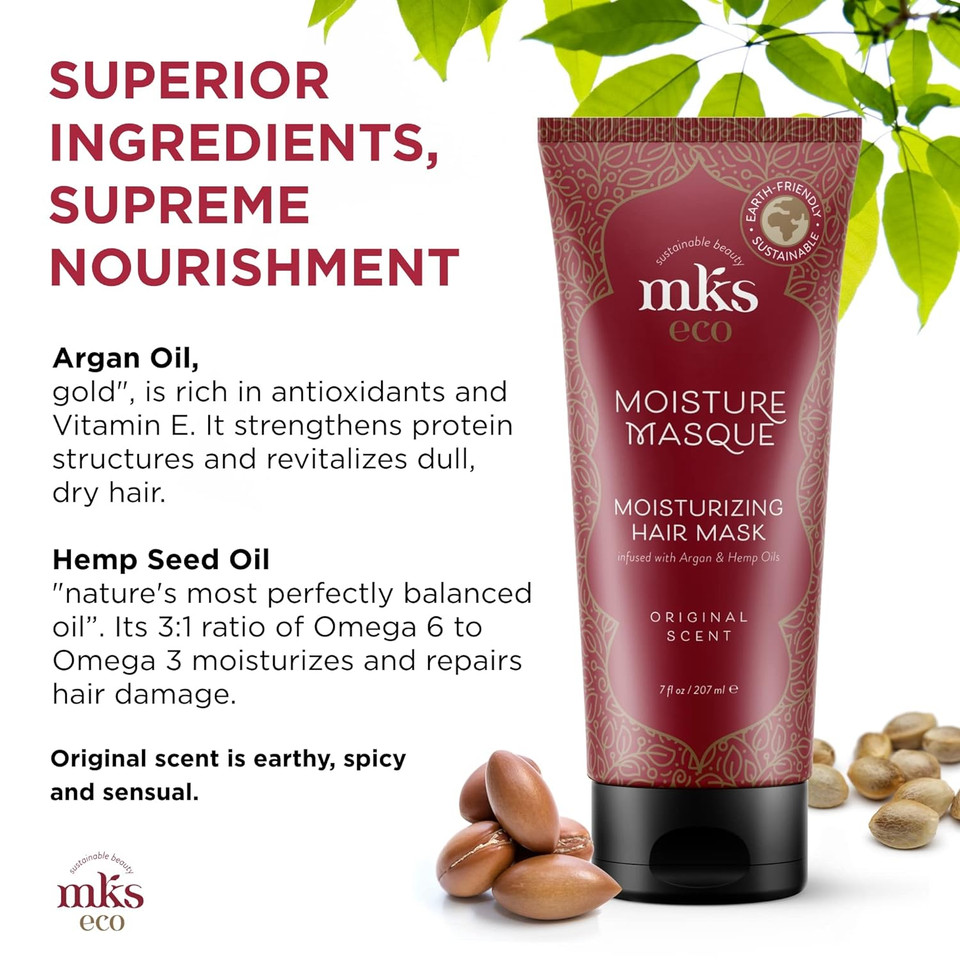 Mks Eco Moisture Masque, Original Scent - 7 Oz - Hydrating Hair Mask - Revitalizes Dry, Damaged & Distressed Hair - With Moroccan Argan Oil, Hemp Seed Oil - Vegan & Cruelty Free