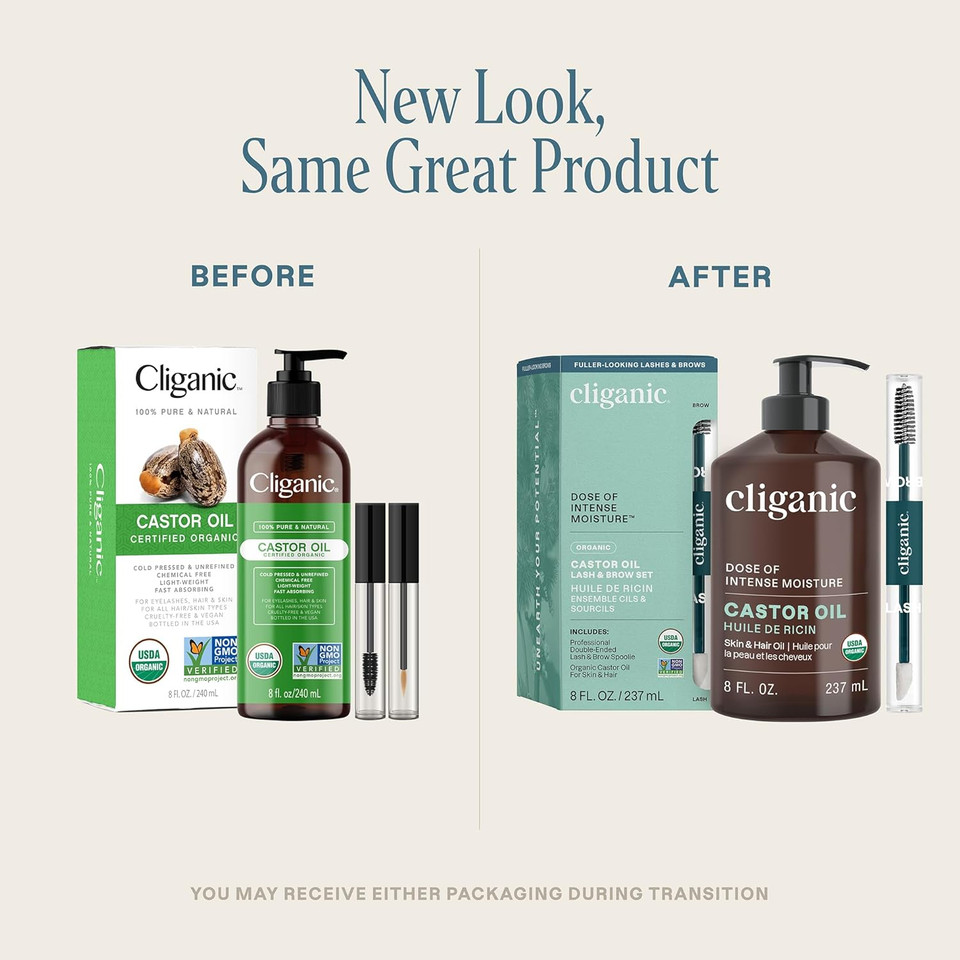 Cliganic Usda Organic Castor Oil, 100% Pure (16Oz With Eyelash Kit) - For Eyelashes, Eyebrows, Hair & Skin | Bulk, Natural Cold Pressed Unrefined Hexane-Free | Diy Carrier Oil