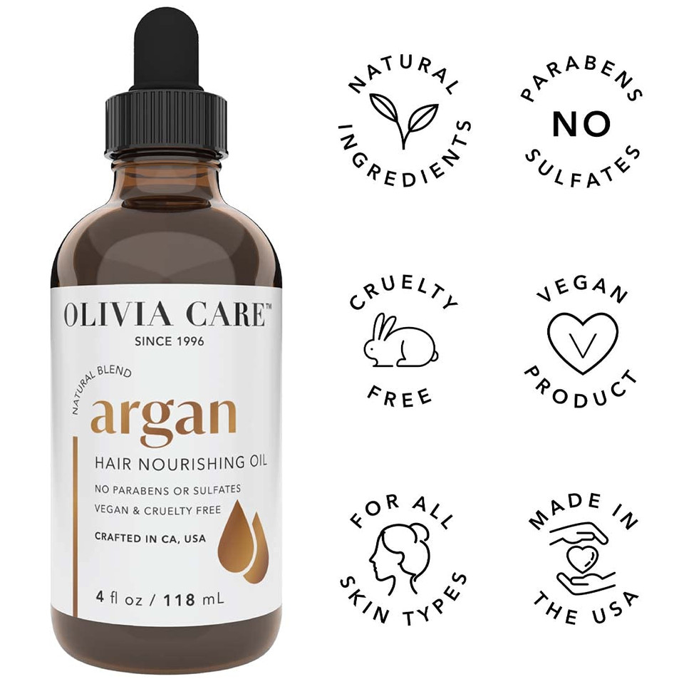 Olivia Care Hair Oil Made With Natural Plant-Based Ingredients - Provides Hydration, Smoothness & Moisture - Clean & Simple Treatment To Support Strengthen Hair - 4 Fl Oz (Argan)
