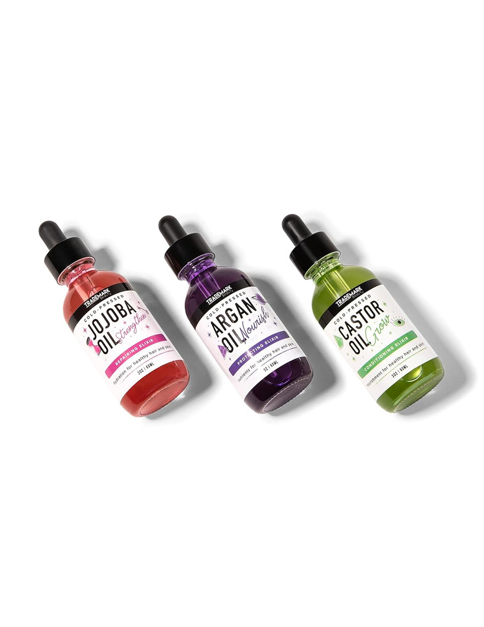 Trademark Beauty Daily Elixirs Hair And Skin Trio, Includes Castor Oil, Argan Oil, And Jojoba Oil To Promote Hair Growth And Skin Care, 100% Pure Natural Cold Pressed Oil, 3 Pack Bundle (60 Ml Each)Hair & Skin Trio