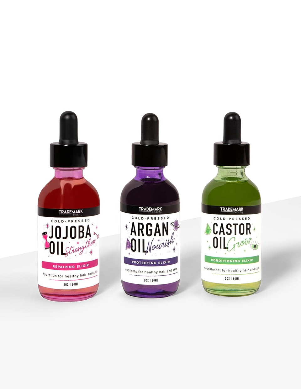 Trademark Beauty Daily Elixirs Hair And Skin Trio, Includes Castor Oil, Argan Oil, And Jojoba Oil To Promote Hair Growth And Skin Care, 100% Pure Natural Cold Pressed Oil, 3 Pack Bundle (60 Ml Each)Hair & Skin Trio