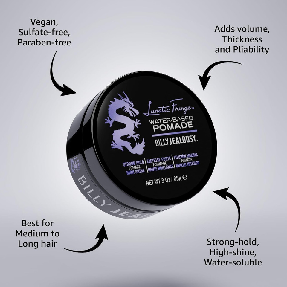 Billy Jealousy Lunatic Fringe Water-Based Pomade For Men, Strong Hold, High Shine, Water Soluble And Vegan Hair Product Ideal For Medium To Long Thick Mane, 3 Oz Billy Jealousy Lunatic Fringe Water-Based Pomade For Men, Strong Hold, High Shine, Water Soluble And Vegan Hair Product Ideal For Medium To Long Thick Mane, 3 Oz