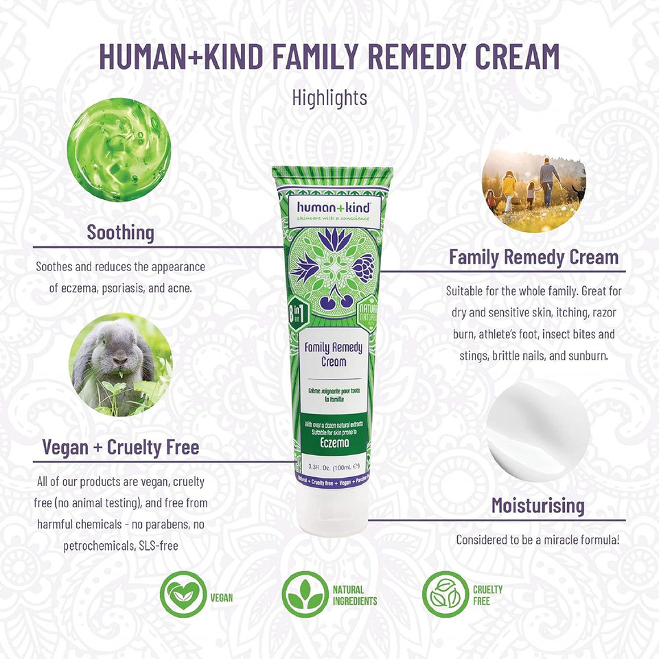 Human+Kind Family Remedy Cream - Smoothing, Healing Body Repair For Burn And Rash Soothing, Itch Relief, And Extremely Dry Skin Hydration - Emollient, Non Greasy Formula - For All Skin Types - 3.3 Oz