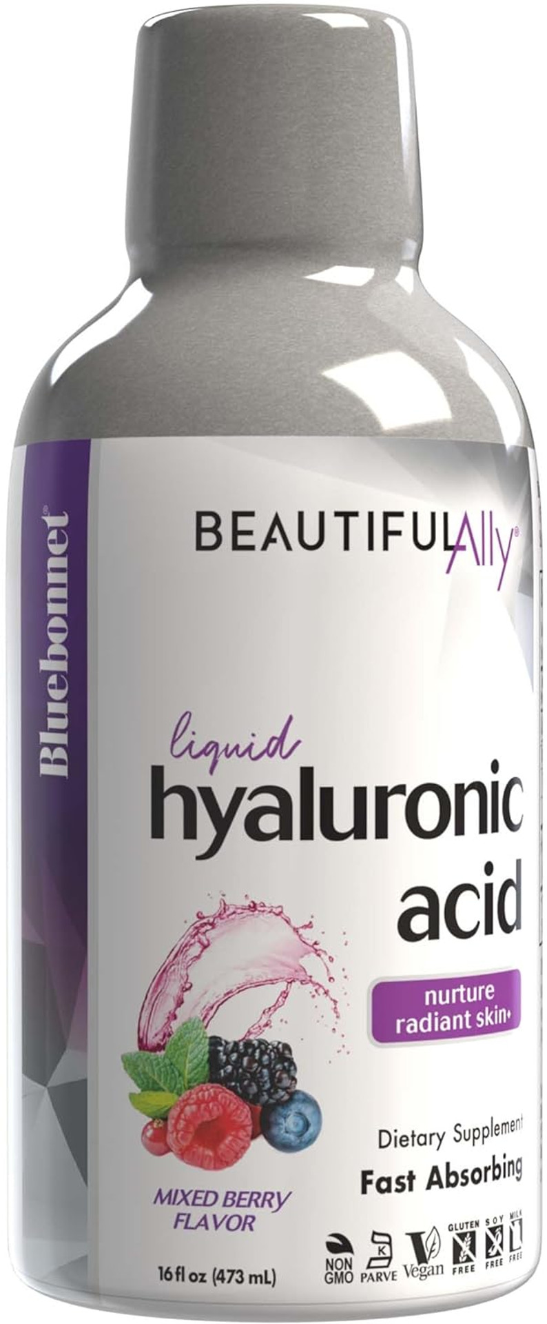 Bluebonnet Nutrition Liquid Hyaluronic Acid, Best For Hair, Skin, Nails, Vegan, Vegetarian, Non Gmo, Gluten Free, Soy Free, Milk Free, Kosher, 16 Fl Oz, 32 Servings, Mixed Berry Flavor