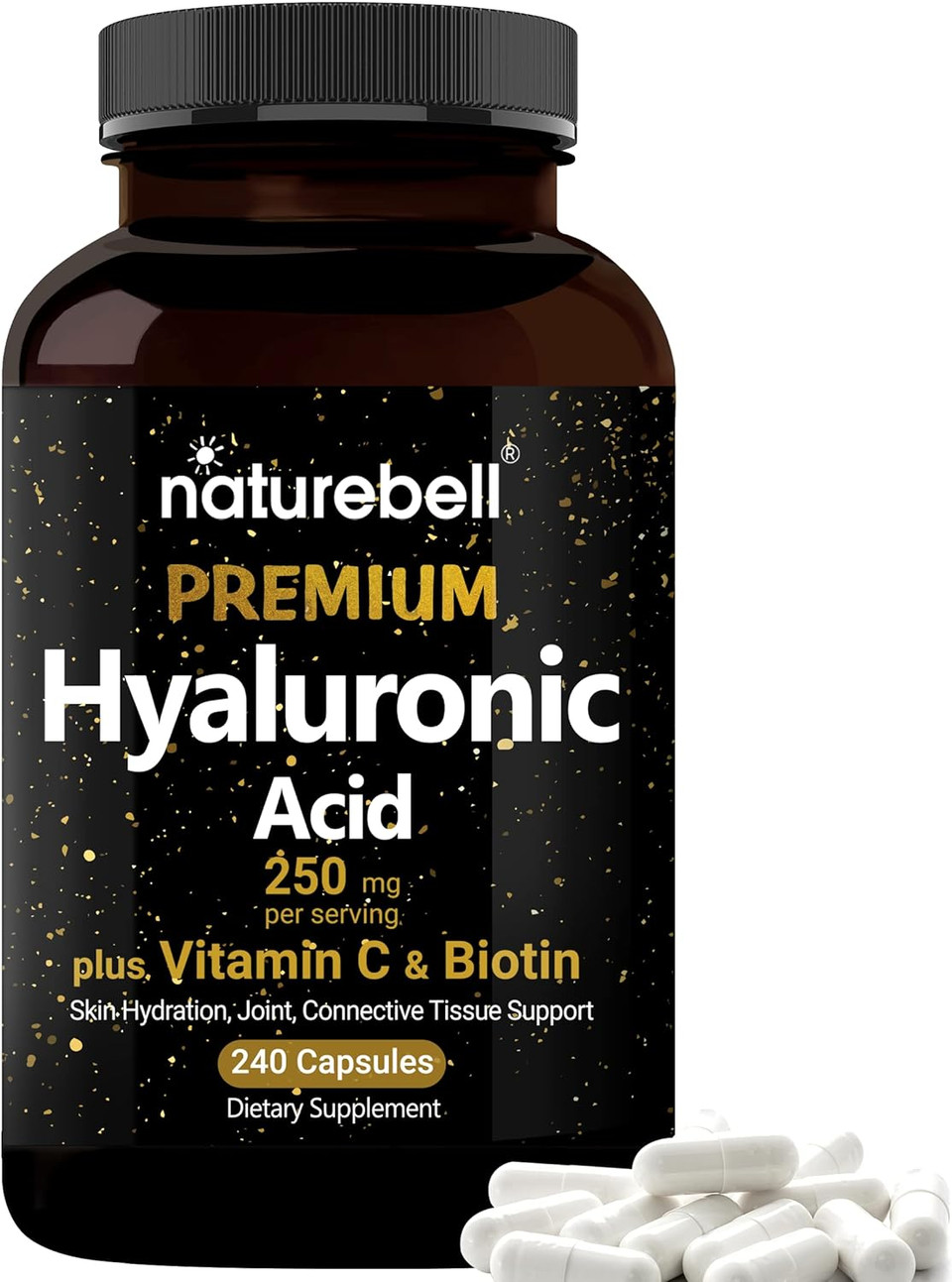 NatureBell Hyaluronic Acid Supplements 250mg | 240 Capsules, with Biotin 5000mcg & Vitamin C 25mg, 3 in 1 Support - Skin Hydration, Joint Lubrication, Hair and Eye Health240 Count (Pack of 1)