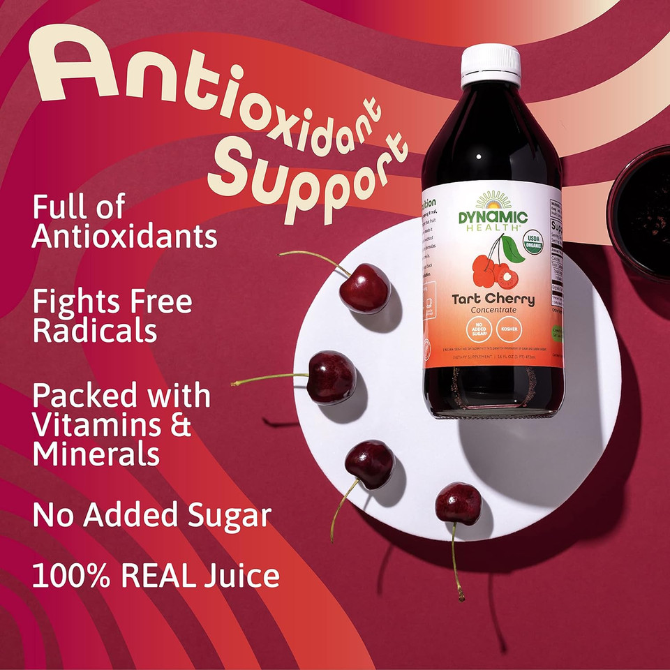 Dynamic Health Organic Tart Cherry Juice, Unsweetened 100% Juice Concentrate, Antioxidants Supplement, No Sweeteners Or Additives, Vegan, Gluten Free, Bpa Free, 16 Oz