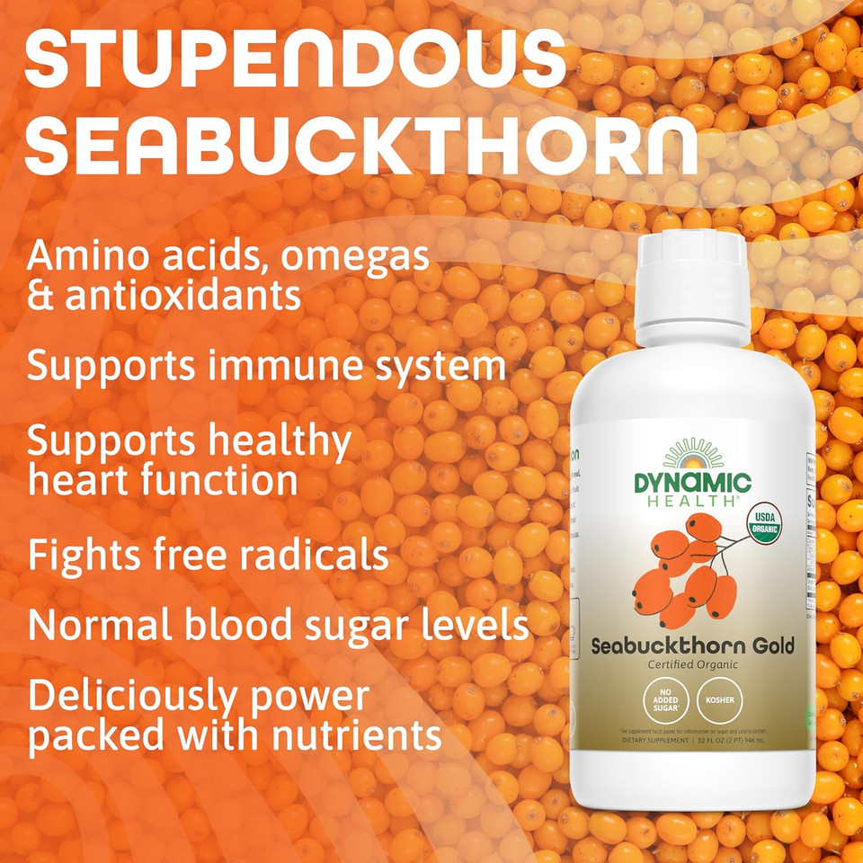 Dynamic Health Seabuckthorn Gold, Usda Certified Organic Sea Buckthorn, Omegas 3, 6, 9, No Additives, Antioxidant Support, Vegan, Gluten-Free, Non Gmo, Bpa-Free, 32 Fl Oz